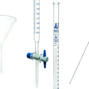 3-Piece Laboratory Burette Starter Set - Featuring 50mL Glass Burette with PTFE Stopcock, Plastic Funnel, and Burette Brush