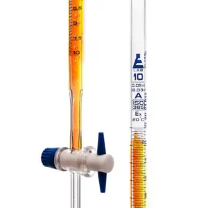 Class A 10 mL Burette with PTFE Key Stopcock, 0.05 mL Subdivisions, Blue Graduations, ±0.03 mL Tolerance, Borosilicate Glass