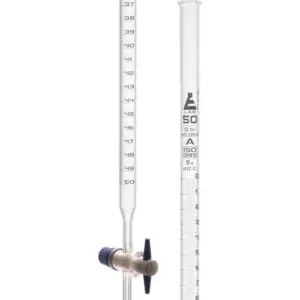 50 mL Class A Burette with ±0.05 mL Accuracy, Borosilicate Glass, Straight Bore PTFE Stopcock, and 0.1 mL White Graduations